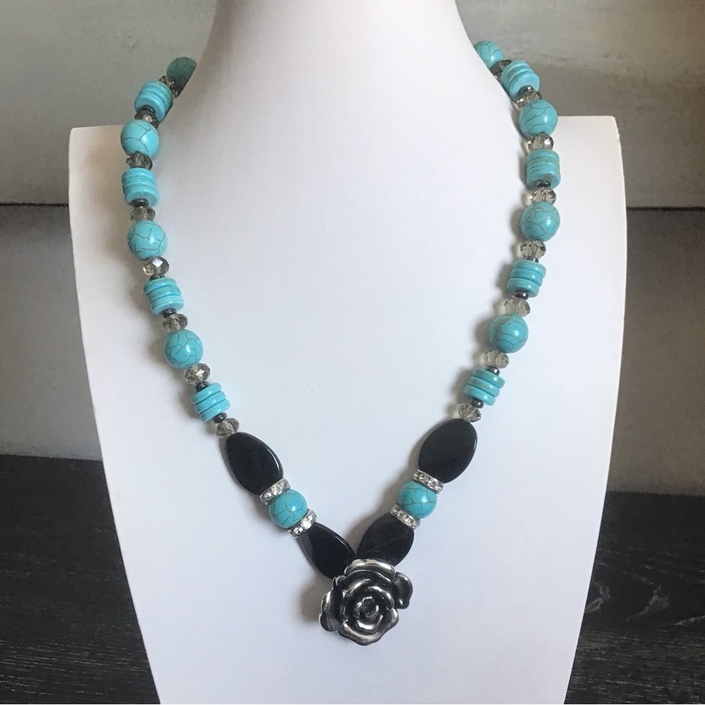 Turquoise and Black Beaded Necklace with Silver Rose Accent - Women Jewelry